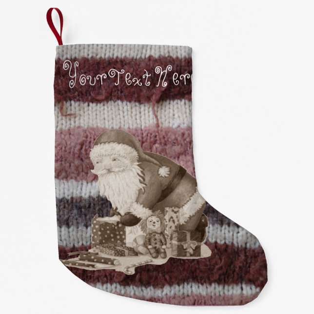 knitted stripes santa getting ready for christmas small christmas stocking (Front)