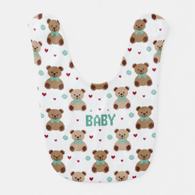 Knitted Teddy Bear Pattern — Baby Bib (Front)