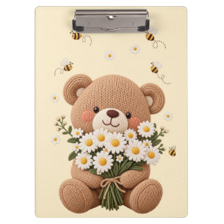Knitted Teddy Bear with Daisy Bouquet and Cute Bee Clipboard