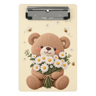 Knitted Teddy Bear with Daisy Bouquet and Cute Bee Mini Clipboard