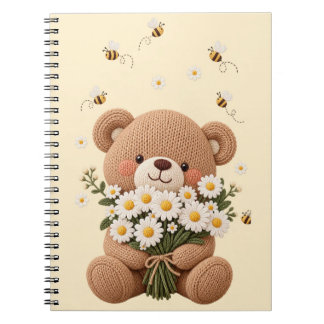 Knitted Teddy Bear with Daisy Bouquet and Cute Bee Notebook