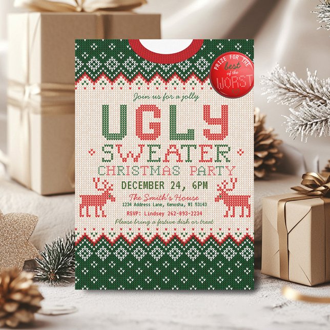 Knitted Ugly Sweater Christmas Party Invitation (Cute argyle knitted ugly sweater Christmas Party Invitation, green red white tan, prize button  )