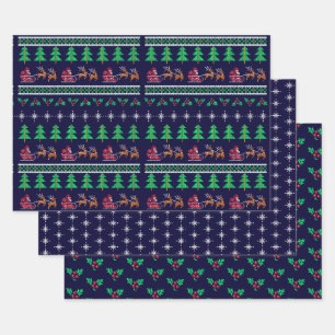 Knitted Ugly Sweater Pattern Navy Blue Christmas Wrapping Paper Sheets