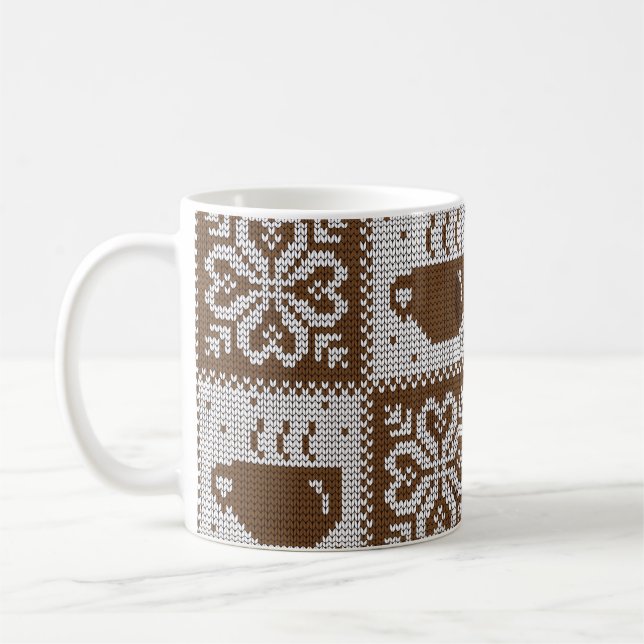 Knitted winter cups: hot beverage pattern. coffee mug (Left)