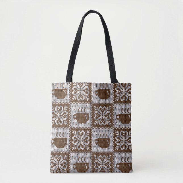Knitted winter cups: hot beverage pattern. tote bag (Front)