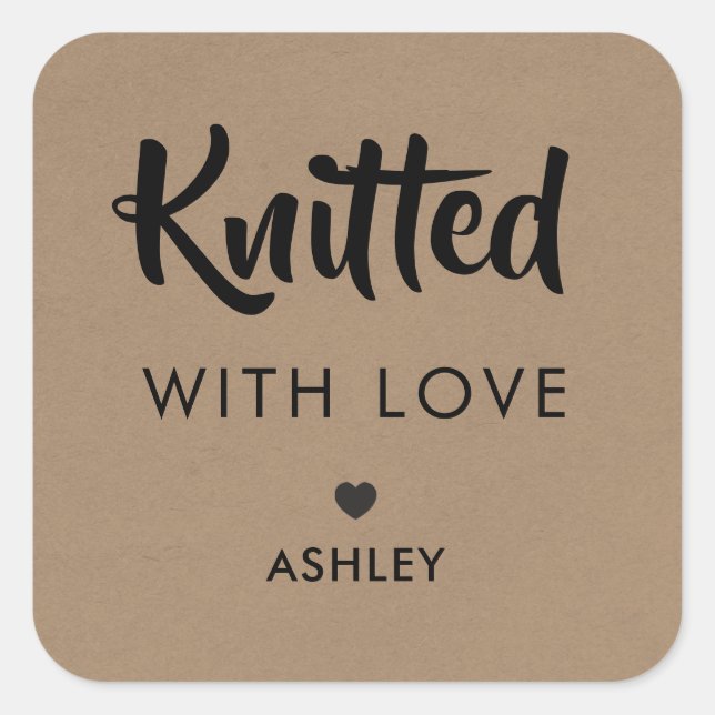 Knitted with Love Label, Handmade Gift Tag, Kraft Square Sticker (Front)