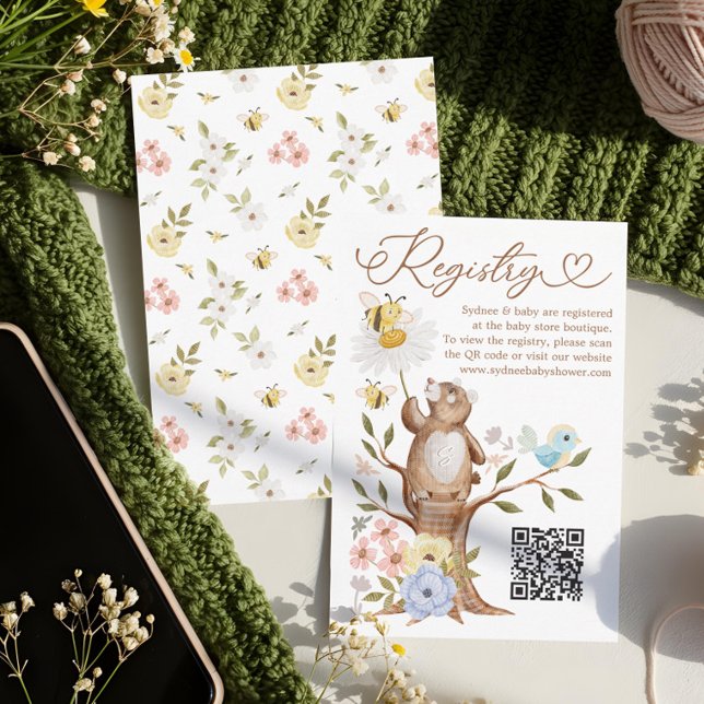 Knitted Woodland Bear Baby Shower QR Code Registry Enclosure Card (Knitted Woodland Bear Baby Shower QR Code Registry Enclosure Card)