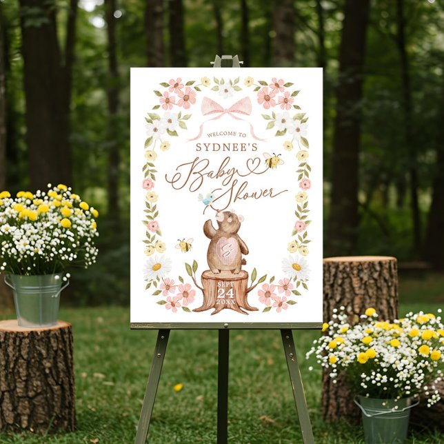 Knitted Woodland Bear Floral Baby Shower Welcome Foam Board (Knitted Woodland Bear Floral Baby Girl Shower Welcome Foam Board)