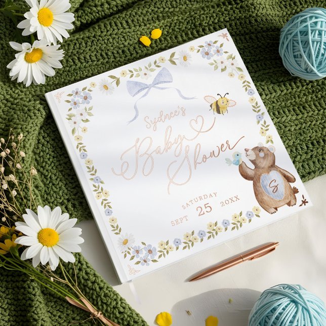 Knitted Woodland Bear Floral Blue Bow Baby Shower Foil Guest Book (Knitted Woodland Bear Floral Blue Bow Baby Shower Foil Guest Book)
