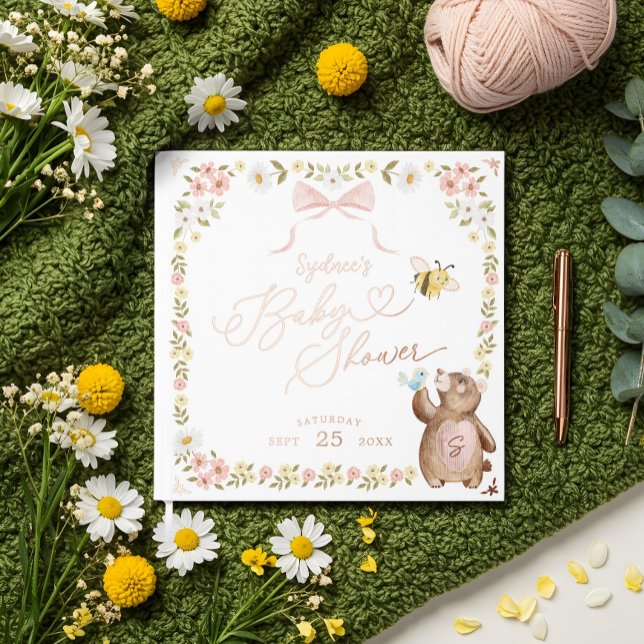 Knitted Woodland Bear Floral Pink Bow Baby Shower Foil Guest Book (Knitted Woodland Bear Floral Pink Bow Baby Shower Foil Guest Book)