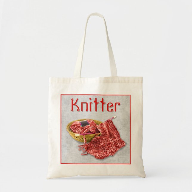 Knitter - Hand Knit red Chenille Yarn Tote Bag (Front)