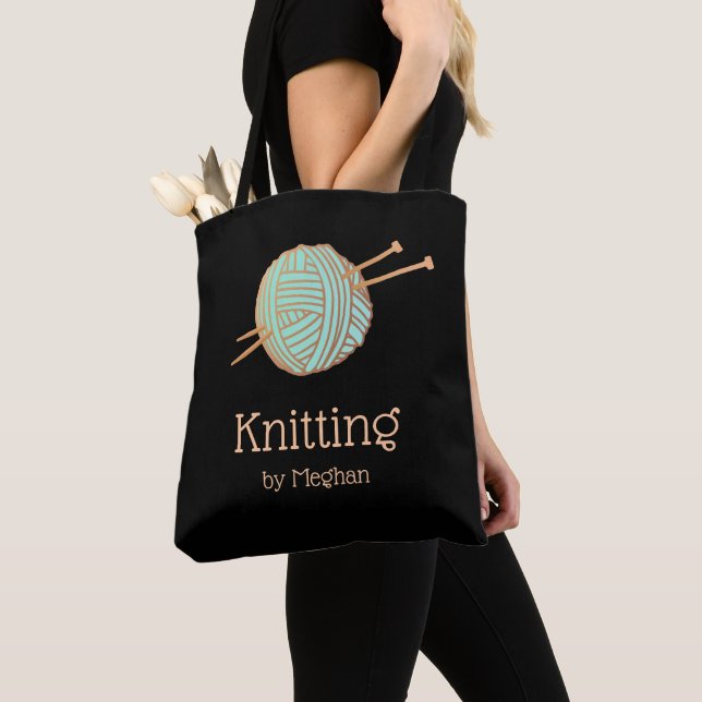 Knitters Knitting Yarn Ball Logo Black Square Tote Bag (Close Up)