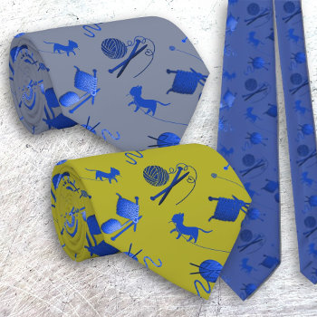 Knitters Tie Yarn Needles Cats Blue Pattern by pamdicar at Zazzle