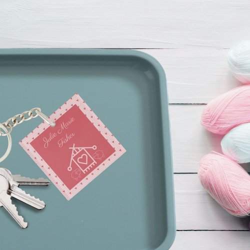 Knitting bag pink hearts and sheep keychain