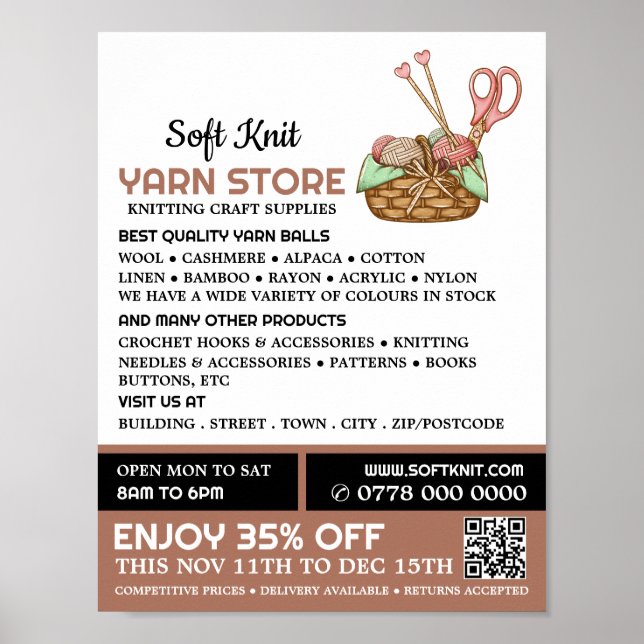 Knitting Basket, Knitting Store, Yarn Store Poster (Front)