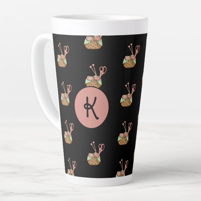 Knitting Basket Pattern Monogram Latte Mug (Left Angle)