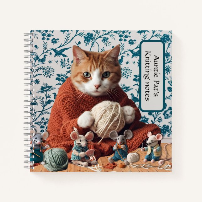Knitting Cat with Mice Funny Crafting Notes  Notebook (Front)