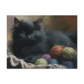 Knitting Companion Black Kitten With Yarn Postcard