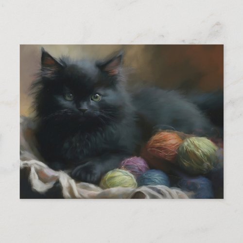 Knitting Companion Black Kitten With Yarn Postcard