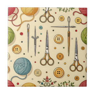 Knitting Crochet Sewing Tools Pattern Ceramic Tile