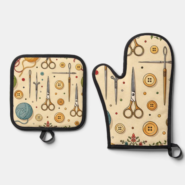 Knitting Crochet Sewing Tools Pattern Oven Mitt & Pot Holder Set (Front)