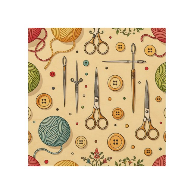 Knitting Crochet Sewing Tools Pattern Wood Wall Art (Front)