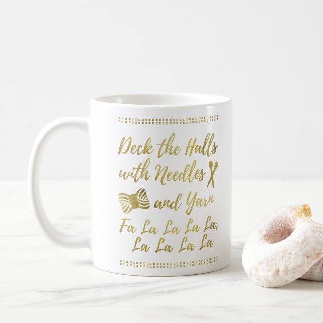Knitting • Deck the Halls Yarn & Crafts Faux Gold Coffee Mug (With Donut)