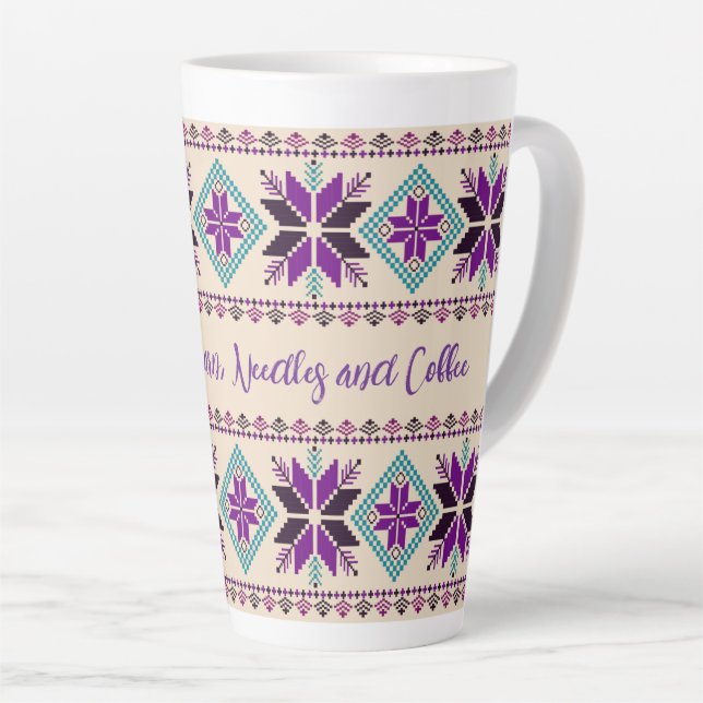 Knitting Fair Isle Pattern Personalized Latte Mug (Right Angle)