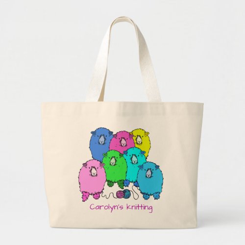 Knitting  Fluffy sheep and yarn with your name Large Tote Bag