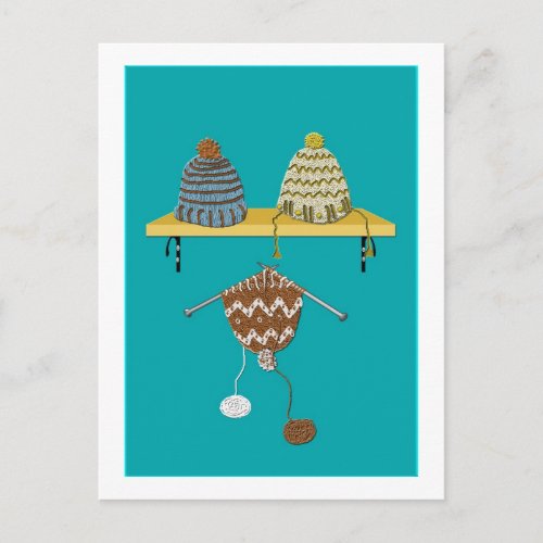 Knitting Hats for Christmas Holiday Postcard