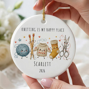Knitting Is My Happy Place Personalized Ceramic Ornament
