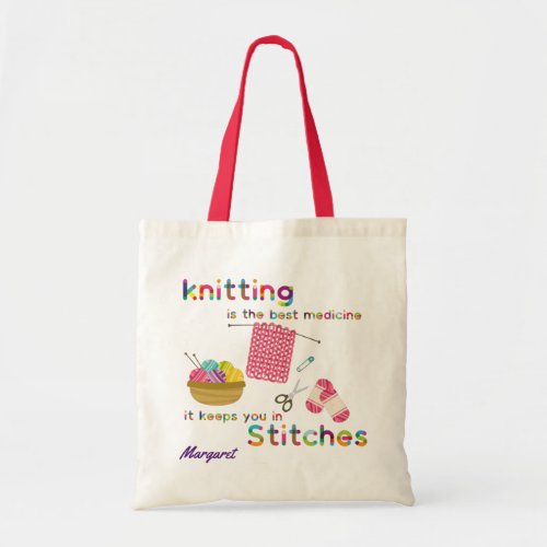 Knitting is the Best Medicine Rainbow Quote Pink Tote Bag