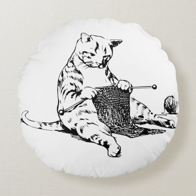 Knitting Kitty Round Pillow (Front)