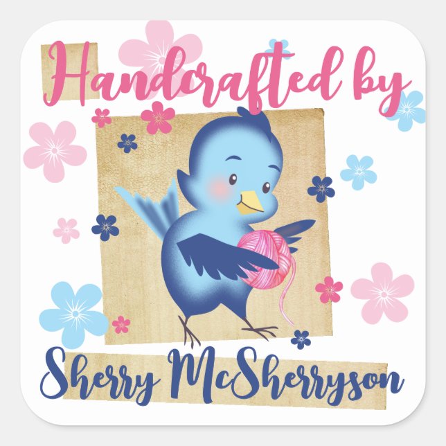 Knitting knitter crochet homespun yarn bird square sticker (Front)
