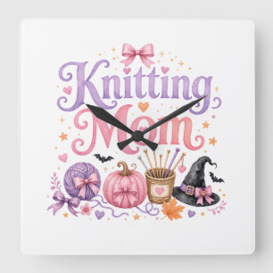 Knitting Mom Halloween Card Square Wall Clock