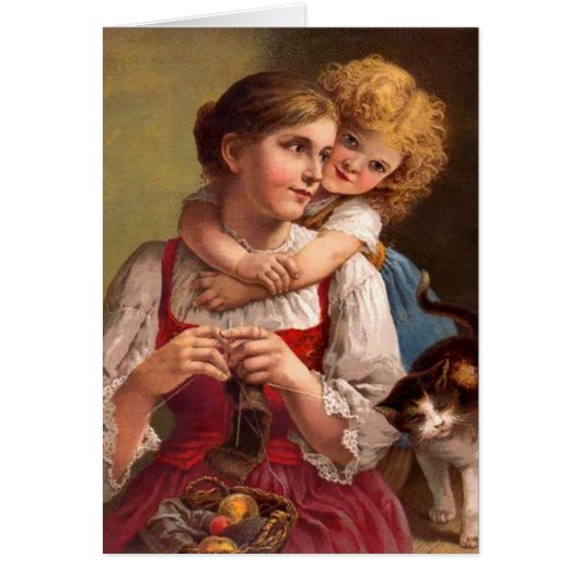 Knitting mother with child and cat (Front)