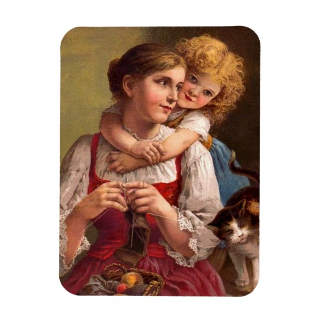 Knitting mother with child and cat magnet (Vertical)