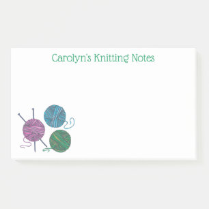 Knitting needles and balls of yarn, personalized post-it notes