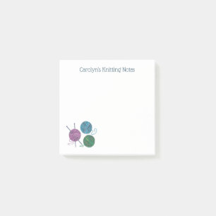 Knitting needles and balls of yarn, your name post-it notes
