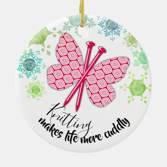 Knitting needles butterfly yarn Christmas ornament (Back)