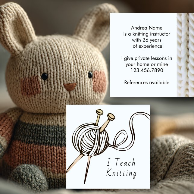 Knitting Needles Yarn Arts Teacher Square Business Card (Creator Uploaded)