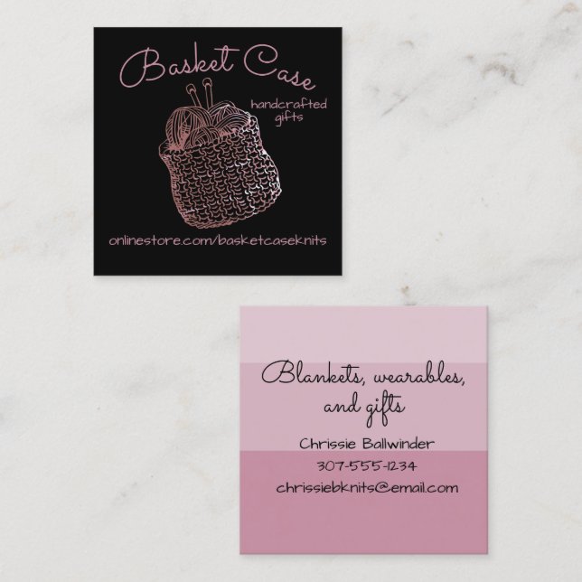 Knitting needles yarn basket knitter crafts square business card (Front/Back)