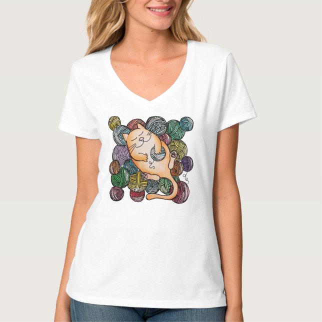 Knitting or Crocheting Fan Cartoon Cat on Yarn T-Shirt (Front)