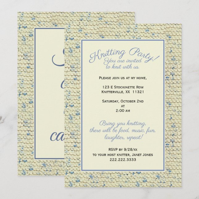 Knitting Party - Tweed Pattern Blue/natural Yarn Invitation (Front/Back)