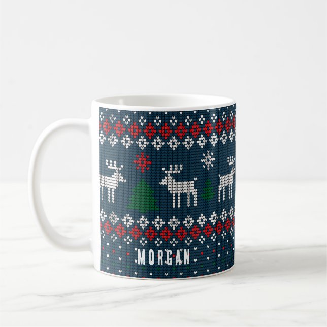 Knitting Pattern Christmas Pine Trees Deer Custom Coffee Mug (Left)