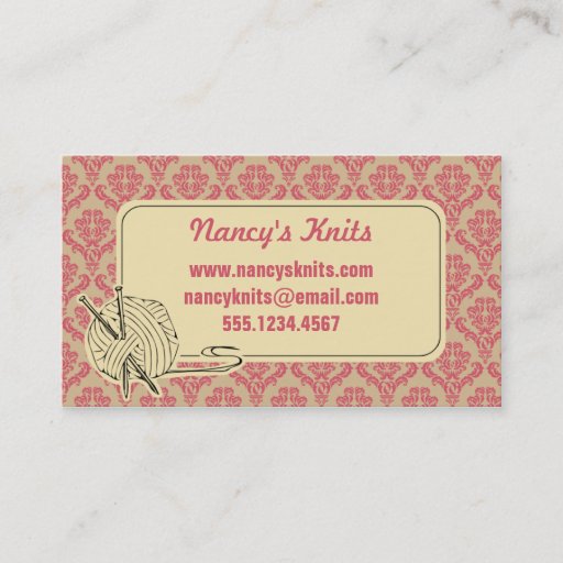 Customizable Knitting Pink Damask Business Card