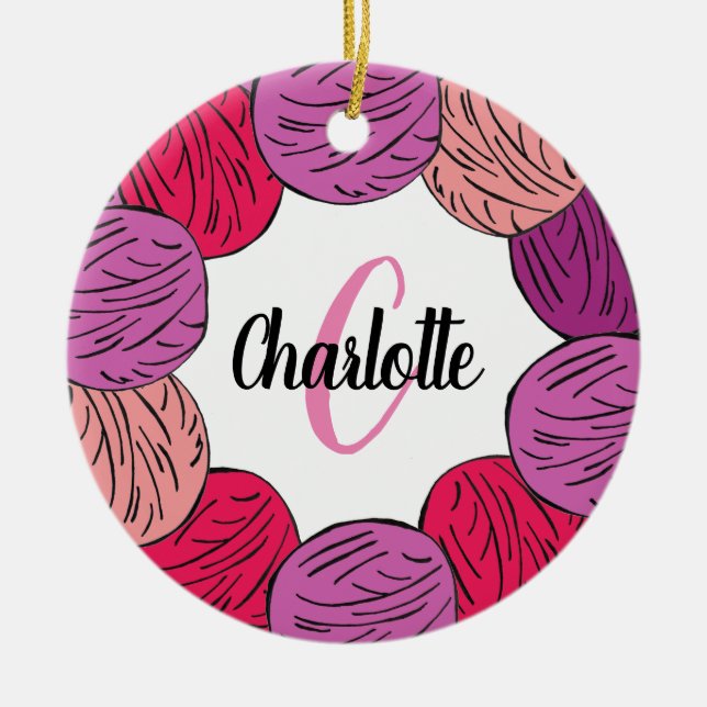 Knitting purple & pink wool gift ceramic ornament (Front)