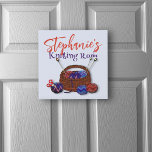 Knitting Room Personalized Canvas Art<br><div class="desc">Knitting room sign with name template. A basket of yarn and knitting needles, in blue and red colors, is the image on this square (10x10 inch) canvas block to hang on a door or wall. Light blue with red script for her name and purple blue text for the name of...</div>