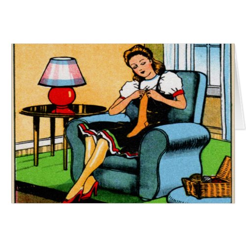 Knitting Sewing Girl 40s Vintage Kitsch Art