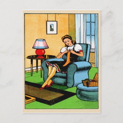 Knitting Sewing Girl 40s Vintage Kitsch Art Postcard